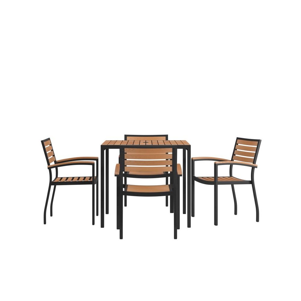 5 Piece Outdoor Dining Table Set - Synthetic Teak Poly Slats - 35" Square Steel Framed Table with Umbrella Hole - 4 Club Chairs. Picture 1