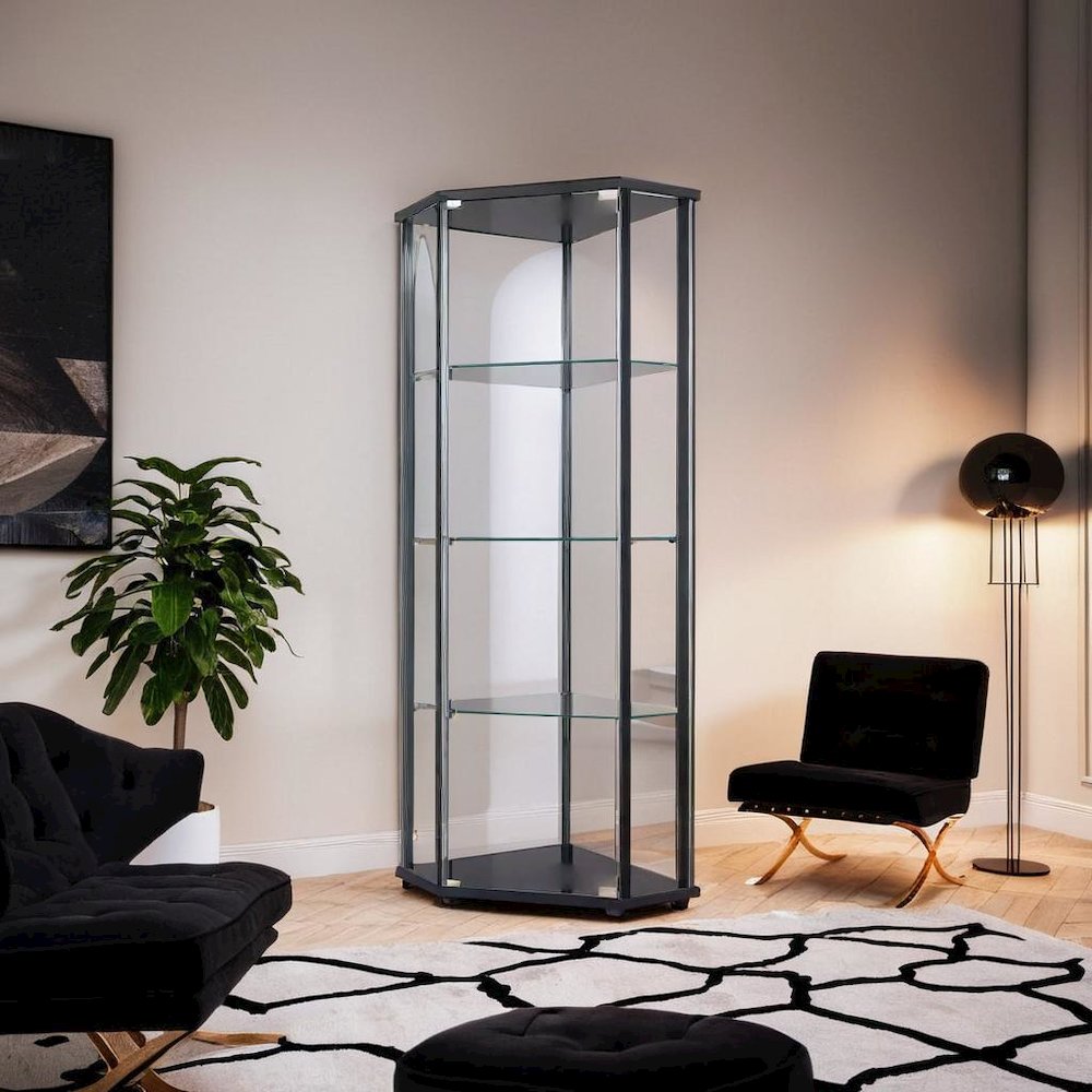 Sophisticated Black Glass Shelf Curio Cabinet with Clear Glass Doors. Picture 5
