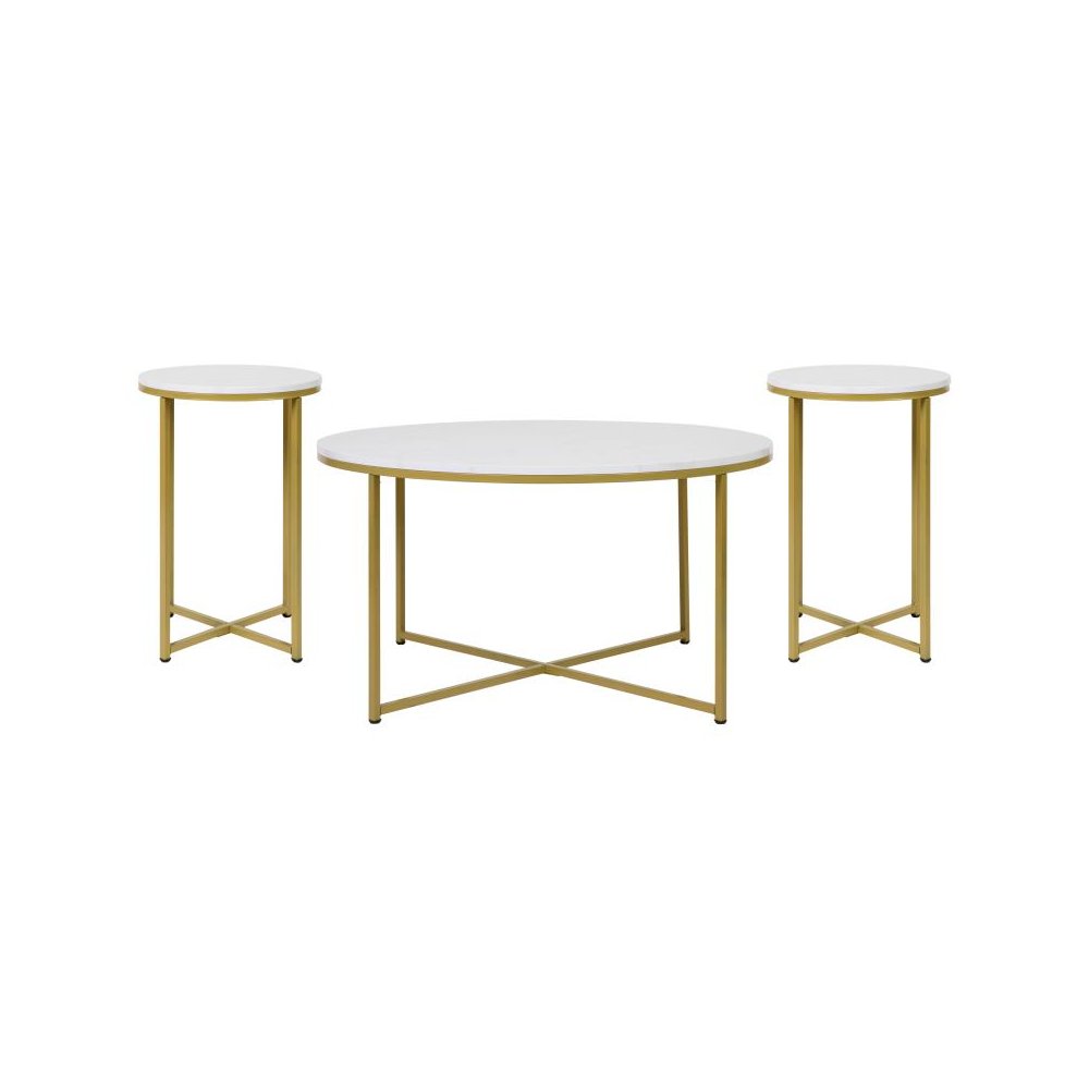 Coffee and End Table Set - White Marbled Laminate Top & Brushed Gold Crisscross Frame, 3 Piece Table Set. Picture 1