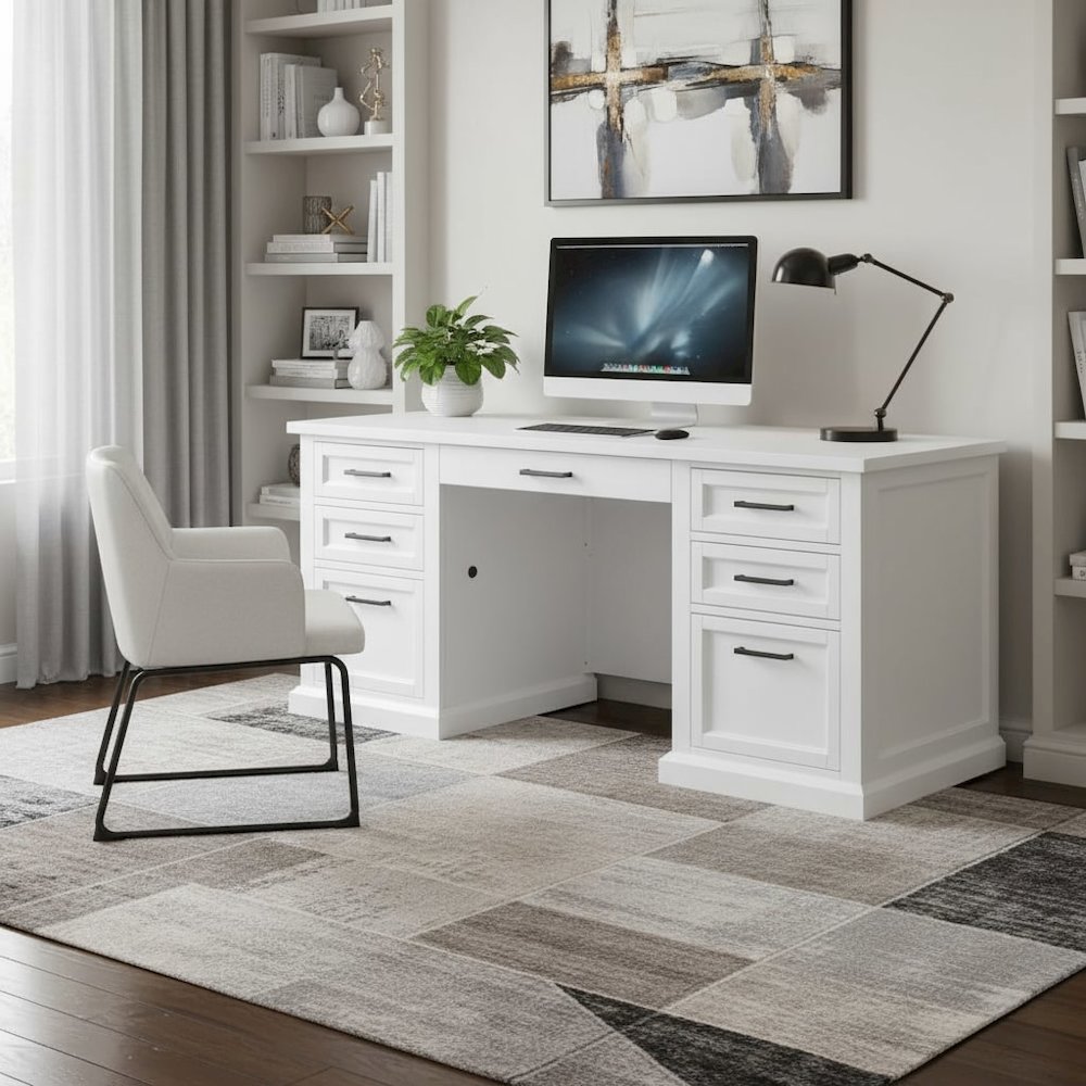 Modern Wood Desk, 7 Drawers, 2 Locking Files, Power Center, White. Picture 2