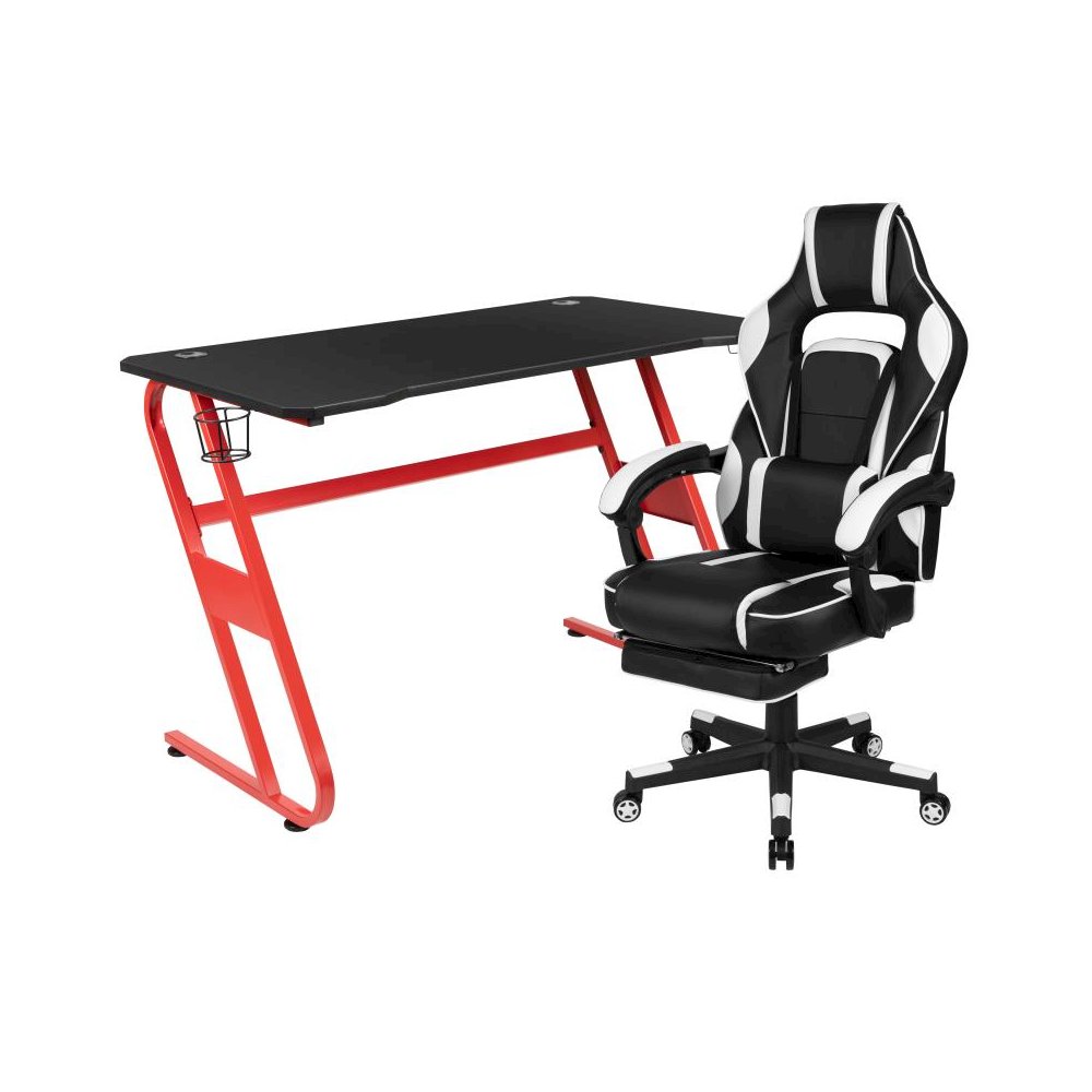 Red Gaming Desk with Cup Holder/Headphone Hook & White Reclining Back/Arms Gaming Chair with Footrest. Picture 1