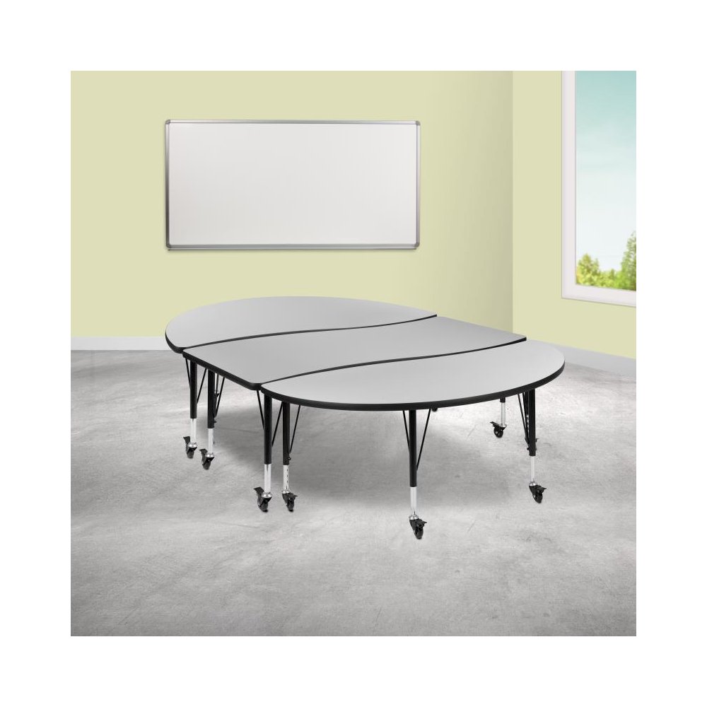 3 Piece Mobile 86" Oval Wave Flexible Grey Thermal Laminate Activity Table Set - Height Adjustable Short Legs. Picture 2