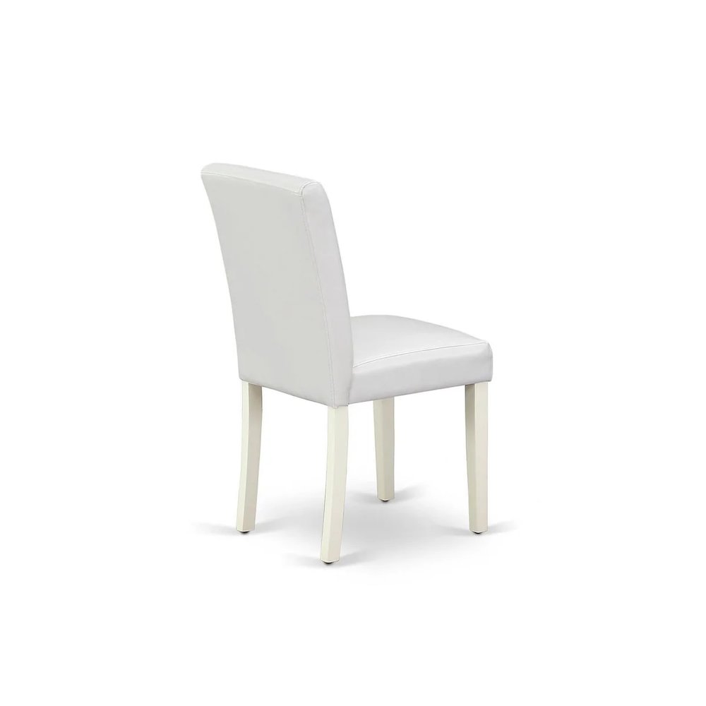5 Piece Dining Room Table Set Includes a Round Kitchen Table with Pedestal and 4 White Faux Leather Upholstered Parson Chairs, Linen White. Picture 7