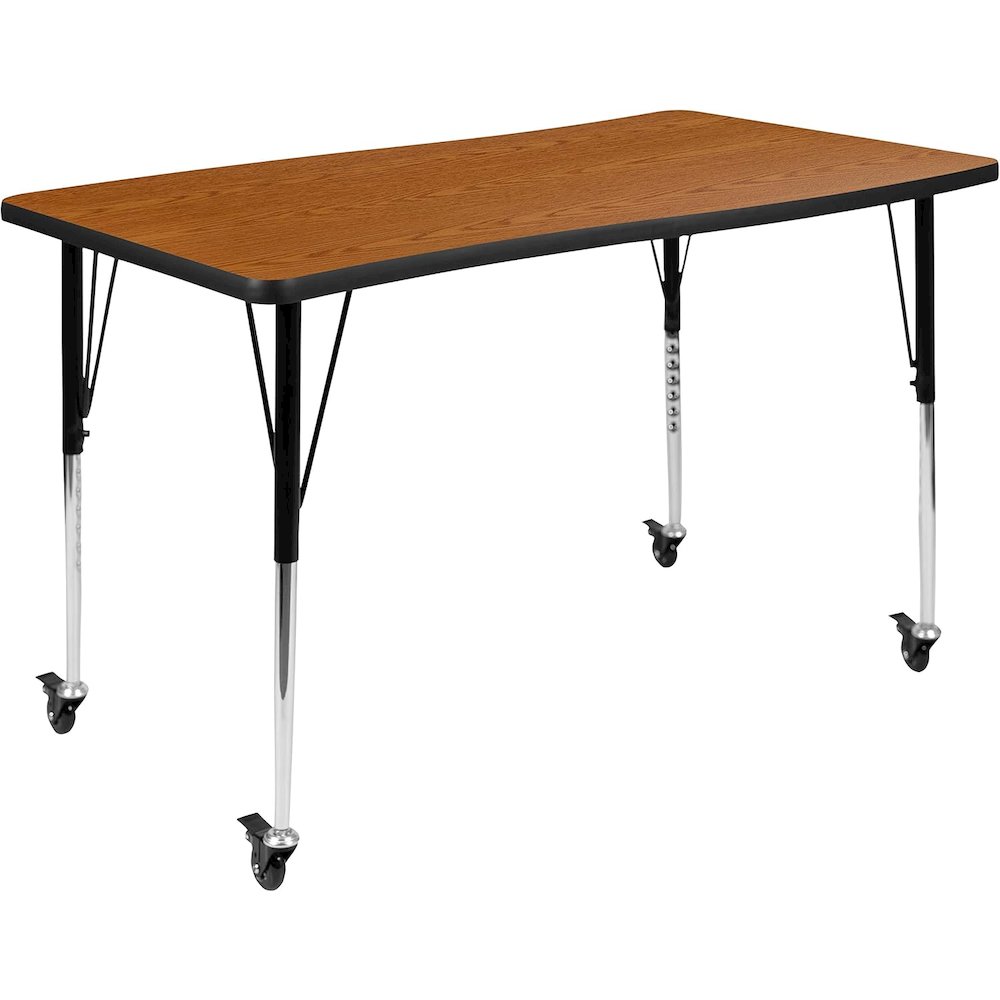 Mobile 28"W x 47.5"L Rectangular Wave Flexible Collaborative Oak Thermal Laminate Activity Table - Standard Height Adjustable Legs. Picture 1
