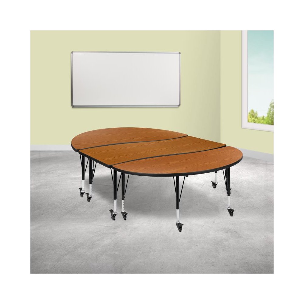 3 Piece Mobile 86" Oval Wave Flexible Oak Thermal Laminate Activity Table Set - Height Adjustable Short Legs. Picture 2