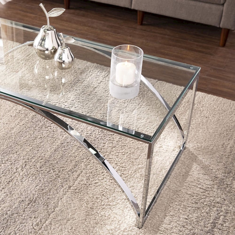 Glass Top Cocktail Table - Transitional Design, Chrome Metal and Glass. Picture 3