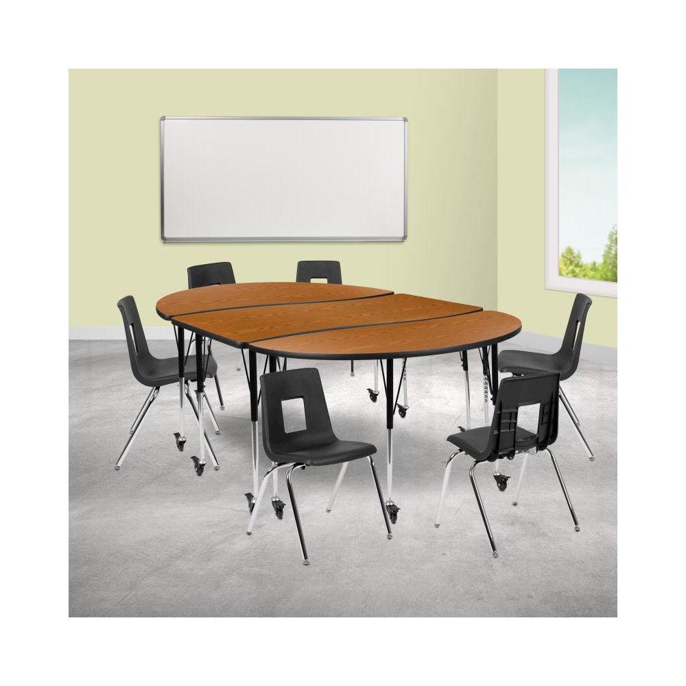Mobile 86" Oval Wave Flexible Laminate Activity Table Set with 18" Student Stack Chairs, Oak/Black. Picture 2