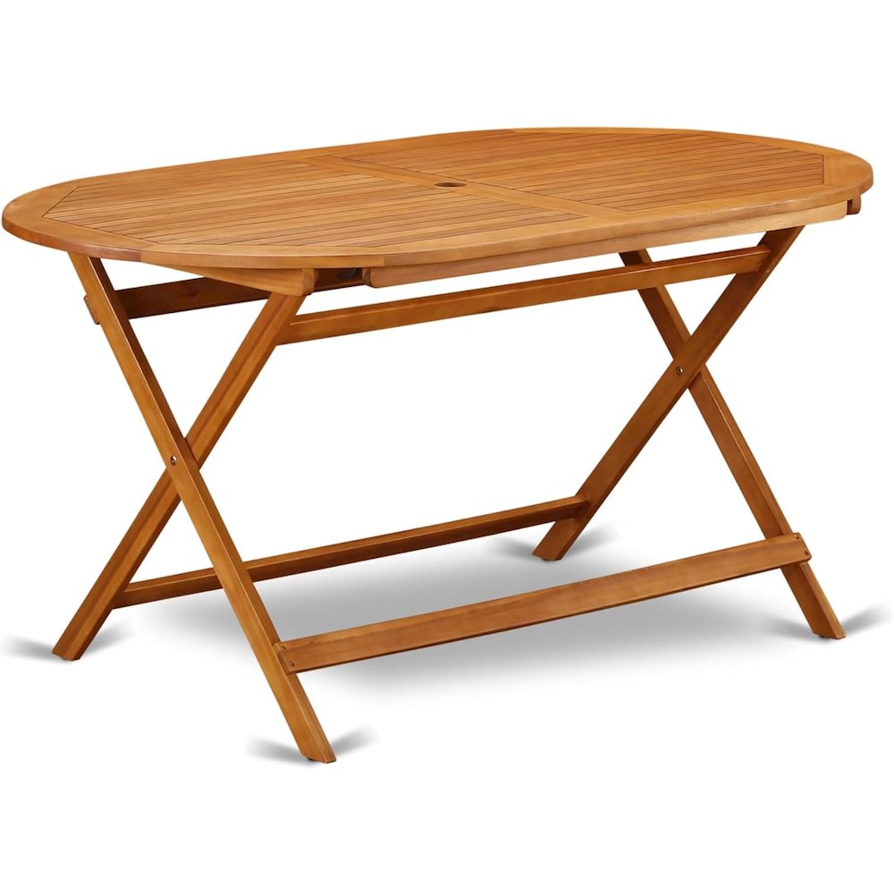 East West Furniture DIDK7CWNA 7-Piece Outdoor Table Set- 6 Outdoor Folding Chairs Slatted Back and Patio Table and Round Top with Wood 4 legs - Natural Oil Finish. Picture 2