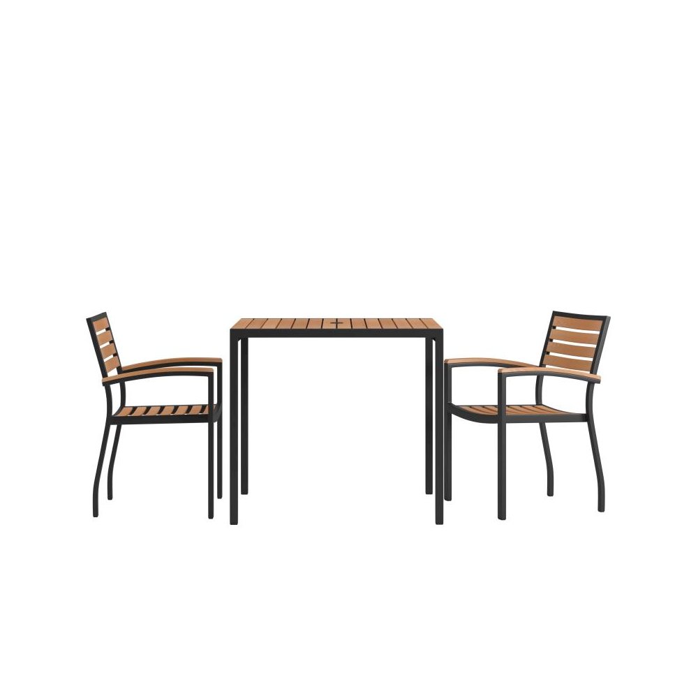 3 Piece Outdoor Dining Table Set - Synthetic Teak Poly Slats - 35" Square Steel Framed Table with Umbrella Hole - 2 Club Chairs. Picture 1
