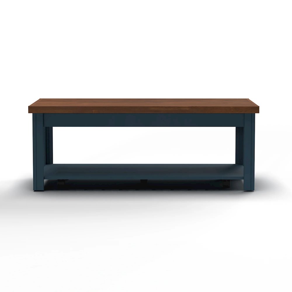 Blue Denim and Whiskey Brown Finish Open Storage Coffee Table. Picture 2
