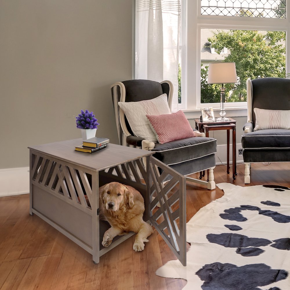 Modern Lattice Wooden Pet Crate End Table. Picture 10