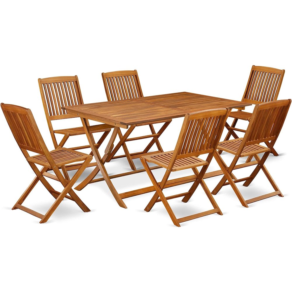 AECM7CWNA - 7 Piece Excellent Outdoor Patio Set-Beautiful Wooden Folding Table with 6 Arm Less Outdoor Chairs- Natural Oil Finish. Picture 1