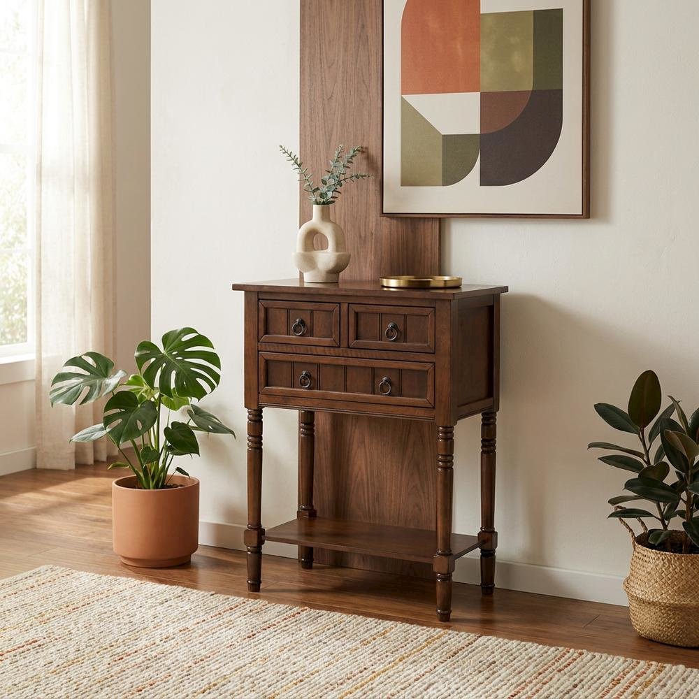 Entryway Hall Table, Espresso, 3 Drawers, 2 Shelves. Picture 2