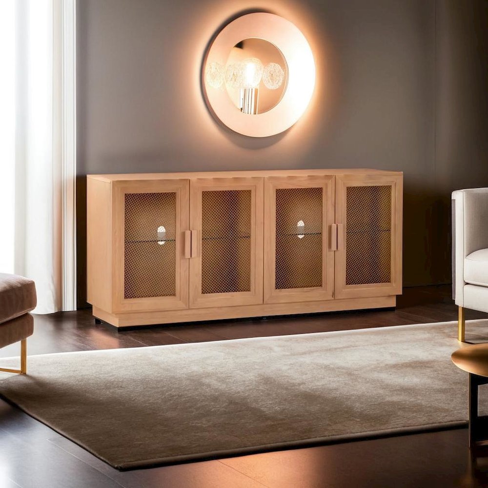Elegant Blue Media Console Featuring Ash Veneer and Glass Shelving. Picture 5