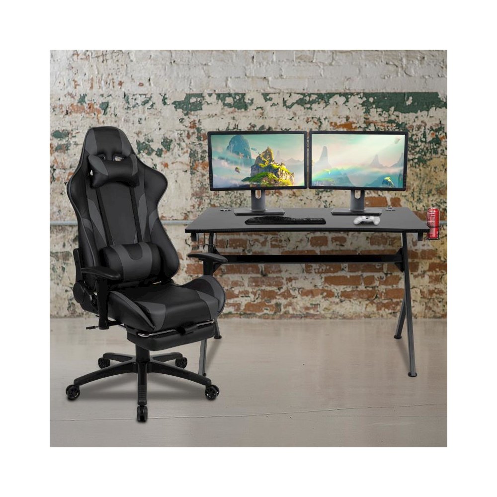 Black Gaming Desk and Gray Footrest Reclining Gaming Chair Set with Cup Holder, Headphone Hook & 2 Wire Management Holes. Picture 2