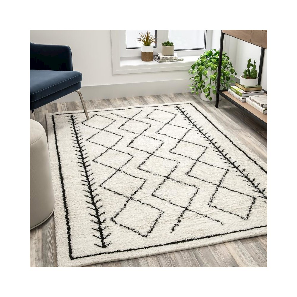 Geometric Style Bohemian Shag Area Rug - 5' x 7' - Ivory. Picture 2