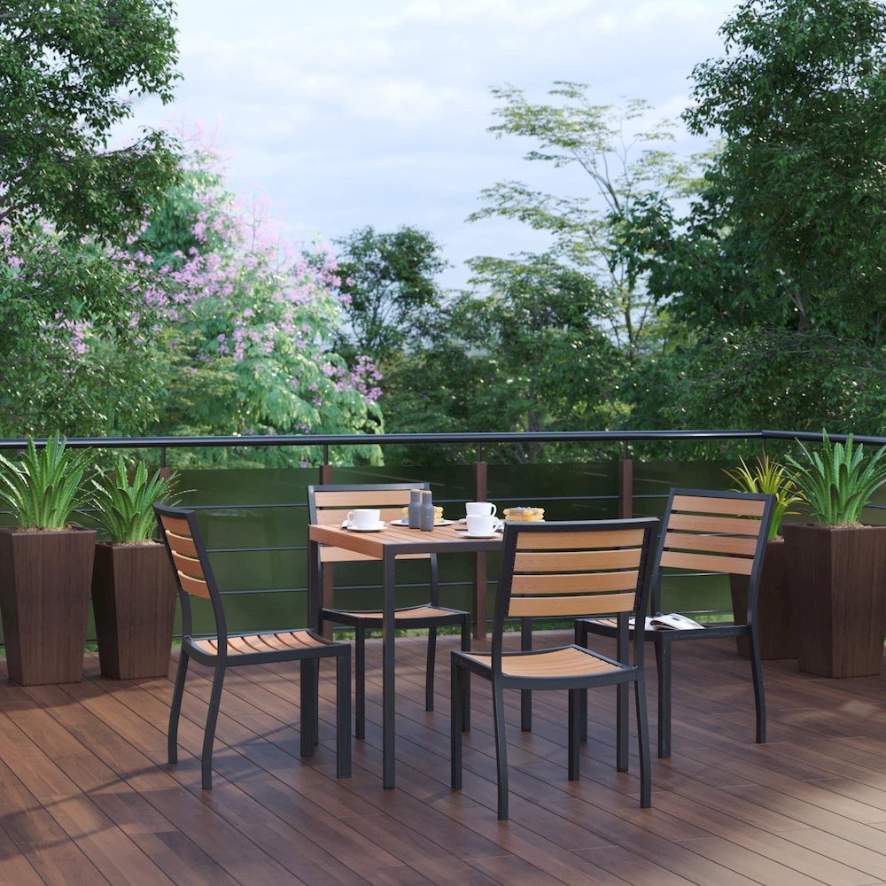 5 Piece Patio Table Set - Synthetic Teak Poly Slats - 35" Square Steel Framed Table with 4 Stackable Faux Teak Chairs. Picture 1
