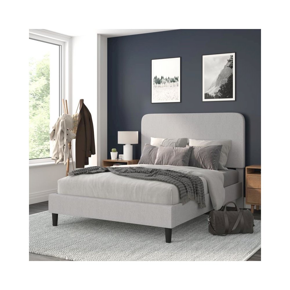 Light Grey Queen Fabric Upholstered Platform Bed - Headboard with Rounded Edges - No Box Spring or Foundation Needed. Picture 2