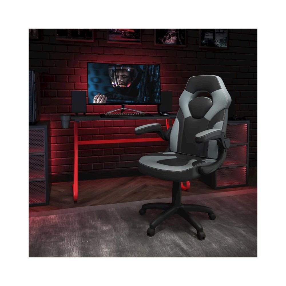 Red Gaming Desk and Gray/Black Racing Chair Set with Cup Holder and Headphone Hook. Picture 2