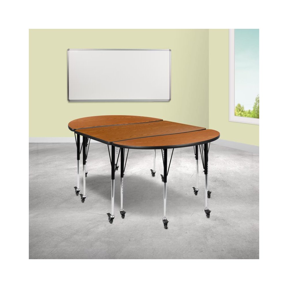 3 Piece Mobile 76" Oval Wave Flexible Oak Thermal Laminate Activity Table Set-Standard Height Adjustable Legs. Picture 2