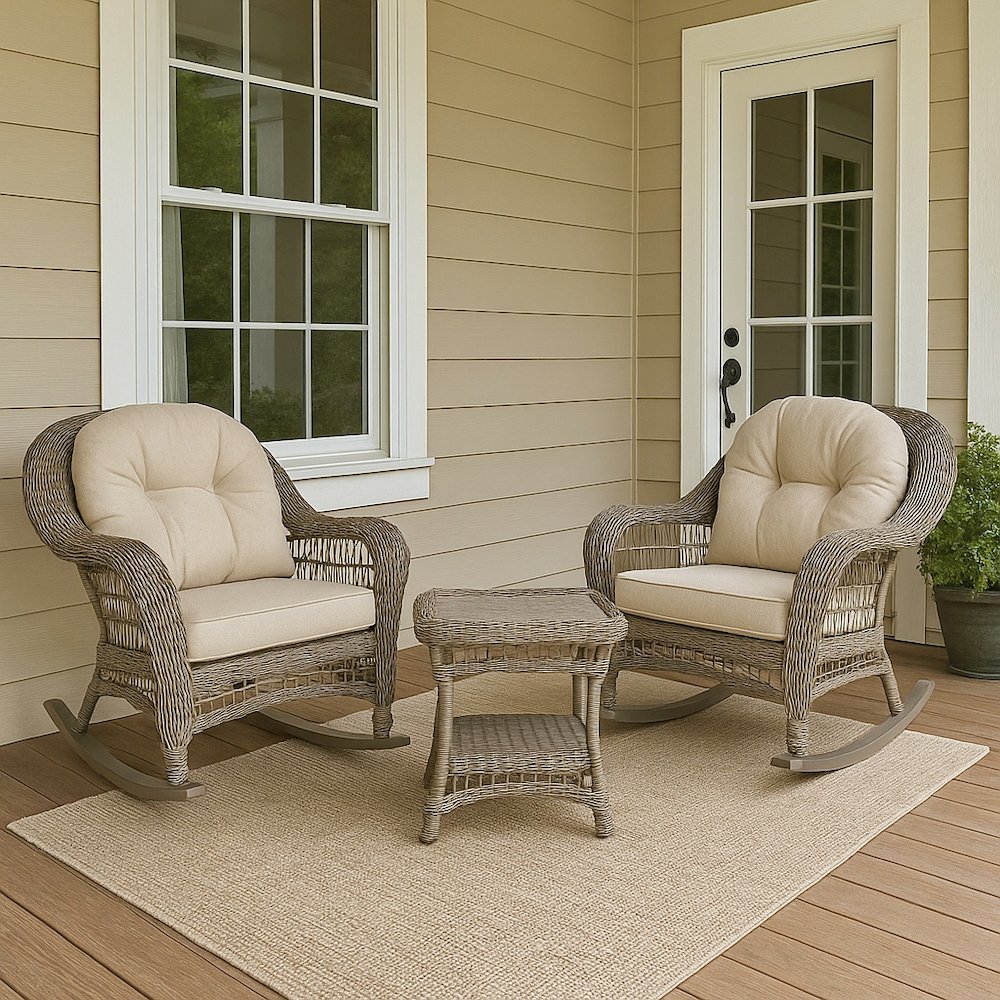 Outdoor Patio 3 Pc Cappuccino Furniture Conversation Set With Rocking Chair. Picture 5