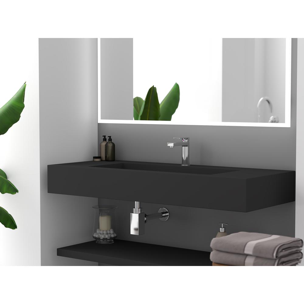 Wall-Mounted Solid Surface Single Bathroom Sink with Ramp Basin in Black. Picture 4