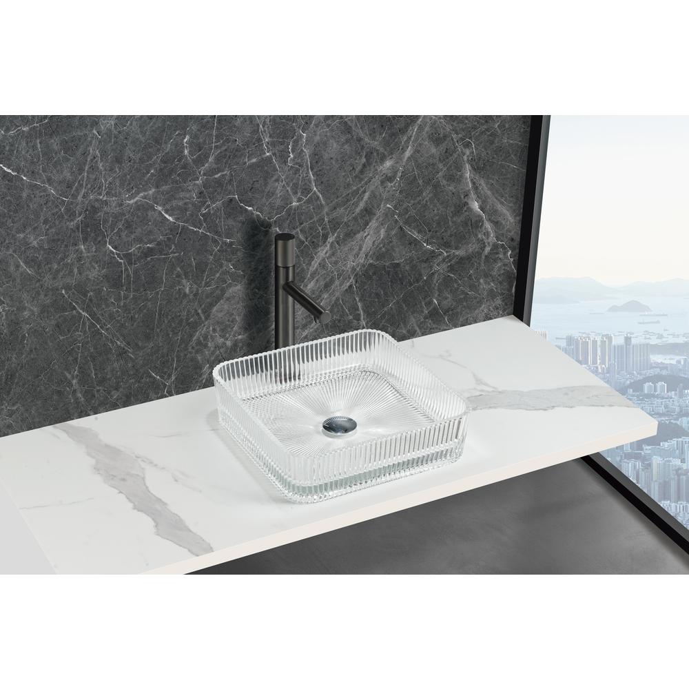 Plaza Cubic Clear Tempered Glass Crystal Square Vessel Sink - 15 in.. Picture 3