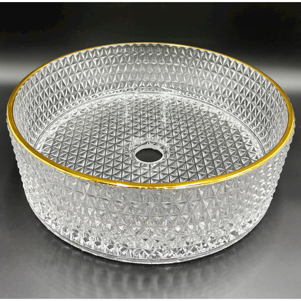 14" Top Gold Plating Tempered Glass Circular Bathroom Vessel Sink. Picture 1