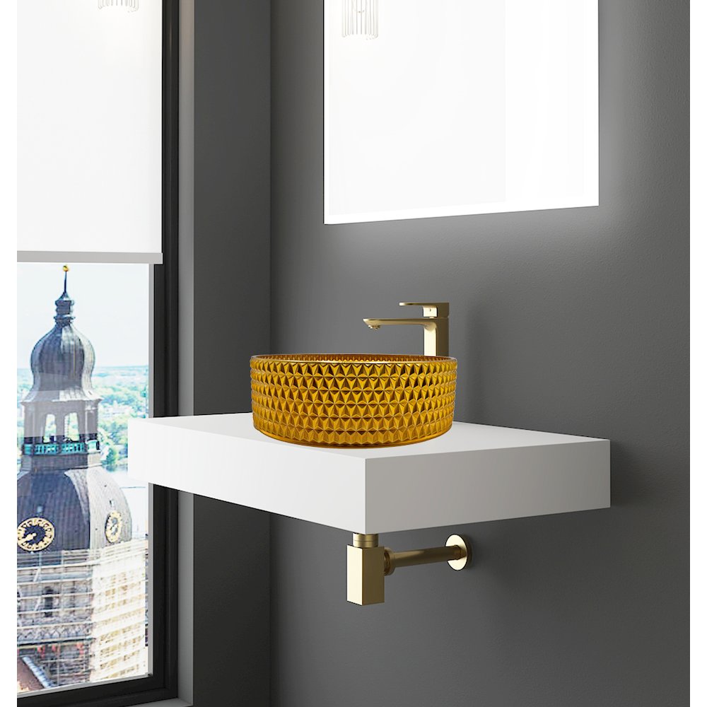 14" Gold Tempered Glass Circular Bathroom Vessel Sink - Timeless Collection. Picture 11