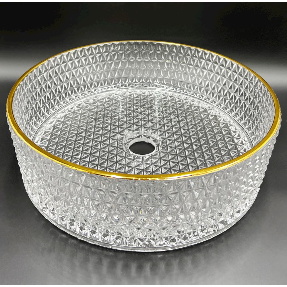 16" Top Gold Plating Tempered Glass Circular Bathroom Vessel Sink. Picture 1