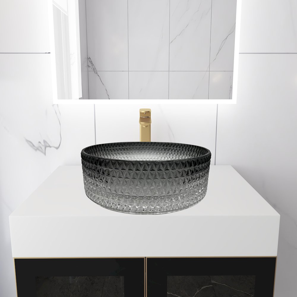 14" Crystal Black Gradient Tempered Glass Circular Bathroom Vessel Sink. Picture 7
