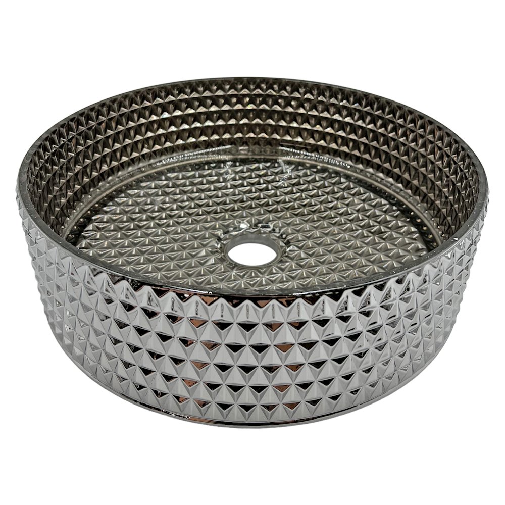 14" Plated Silver Tempered Glass Circular Bathroom Vessel Sink. Picture 1