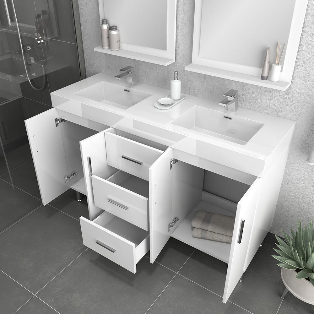 Ripley 60" Modern Double Bathroom Vanity in White. Picture 4