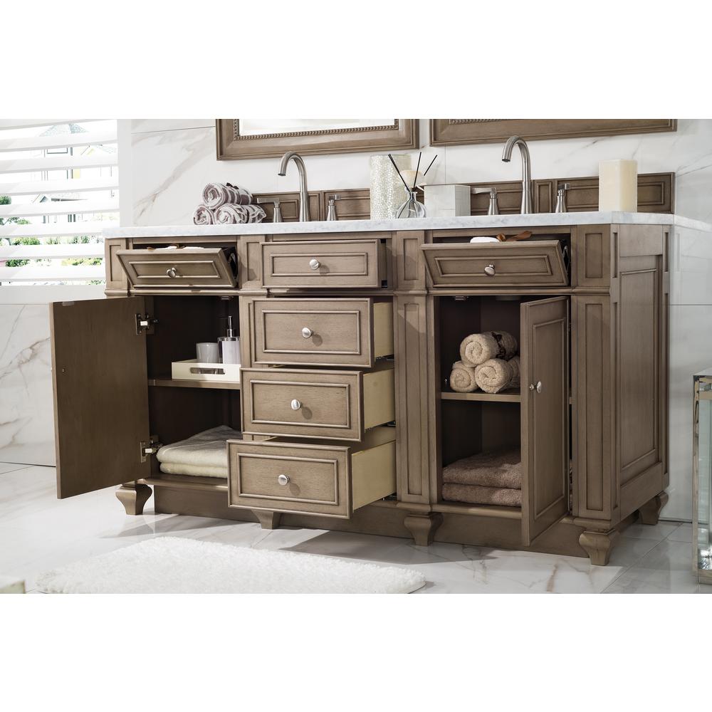 60" Double Vanity, Whitewashed Walnut, w/ 3 CM Arctic Fall Solid Surface Top. Picture 4