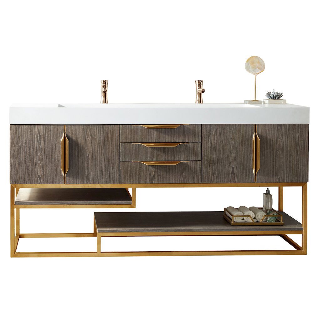Columbia 72" Double Vanity, Ash Gray, Radiant Gold w/ Glossy White Composite Top. Picture 1