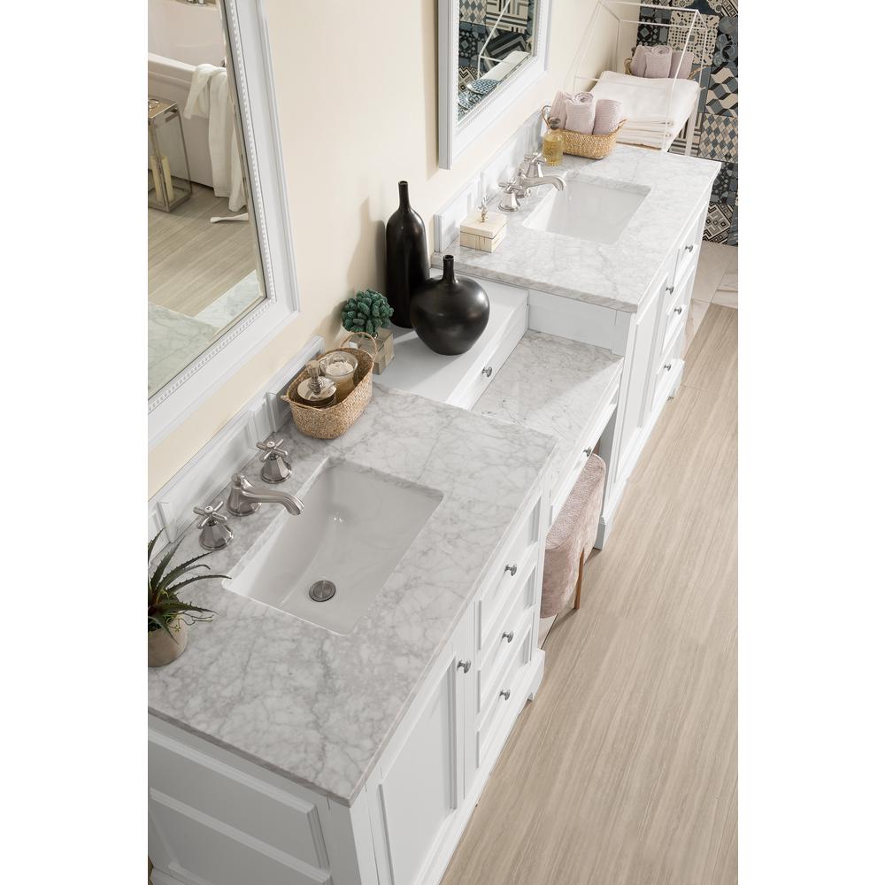 94" Double Vanity Set, Bright White w/ Makeup Table, 3 CM Carrara Marble Top. Picture 2