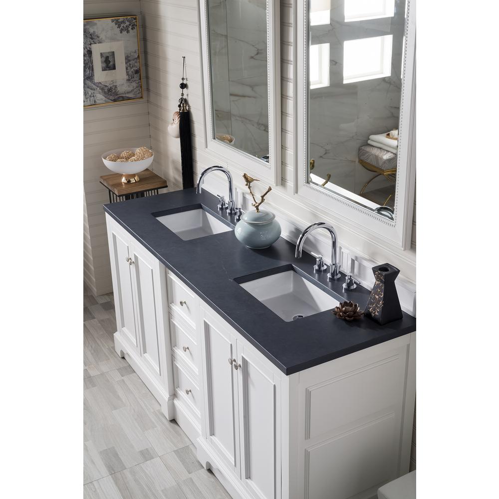 De Soto 72" Double Vanity, Bright White w/ 3 CM Charcoal Soapstone Quartz Top. Picture 3