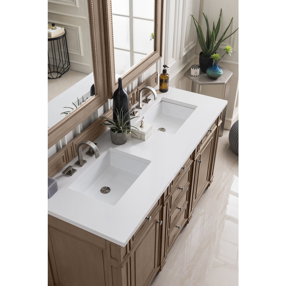 60" Double Vanity, Whitewashed Walnut w/ 3 CM White Zeus Quartz Top. Picture 3