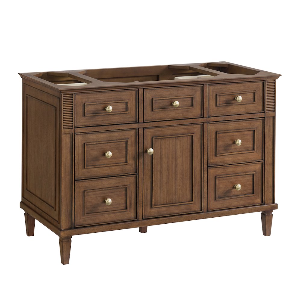 48" Single Vanity, Mid-Century Walnut w/ 3 CM Ethereal Noctis Quartz Top. Picture 3