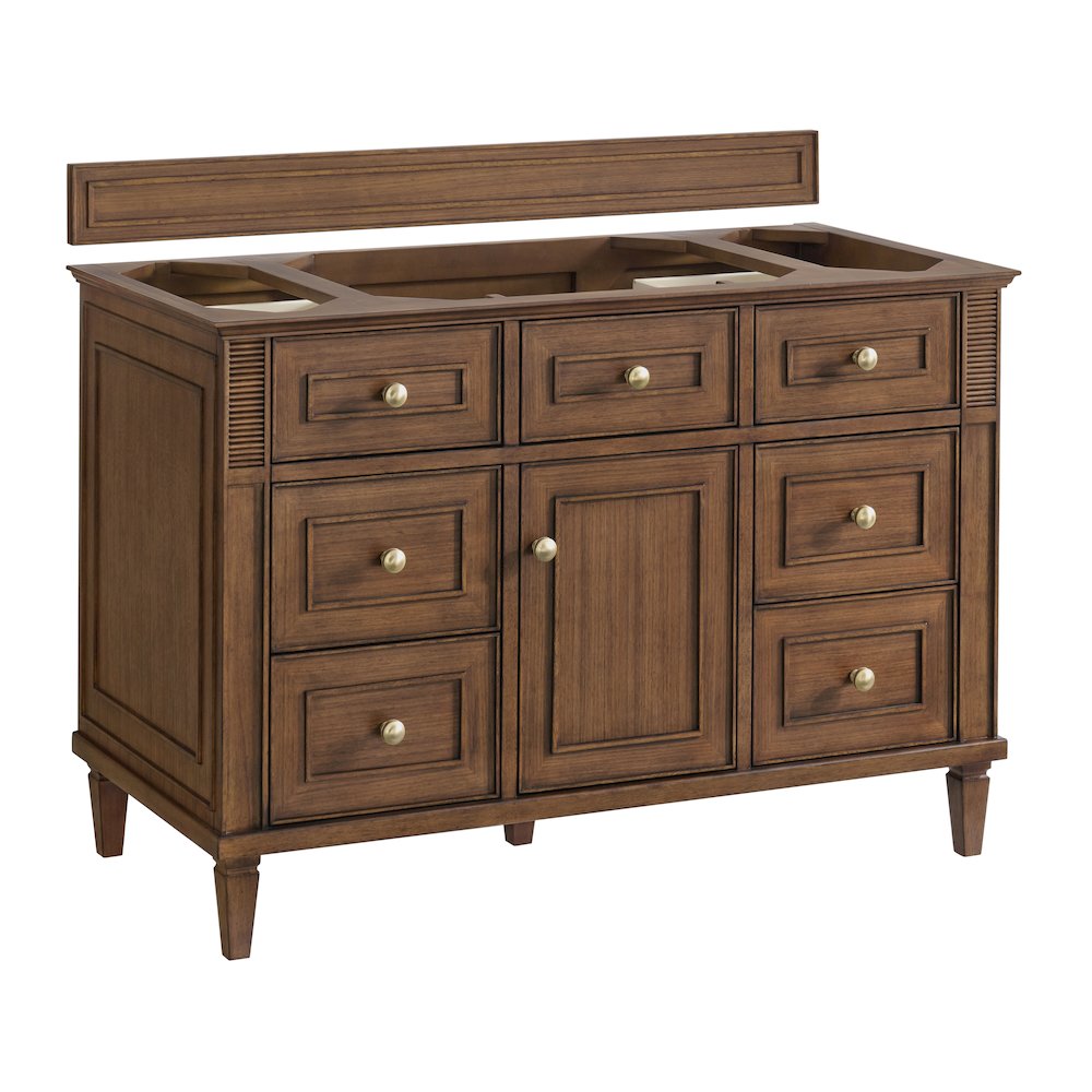 48" Single Vanity, Mid-Century Walnut w/ 3 CM Ethereal Noctis Quartz Top. Picture 2