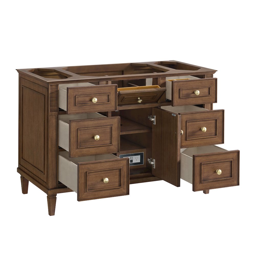 48" Single Vanity, Mid-Century Walnut w/ 3 CM Ethereal Noctis Quartz Top. Picture 9