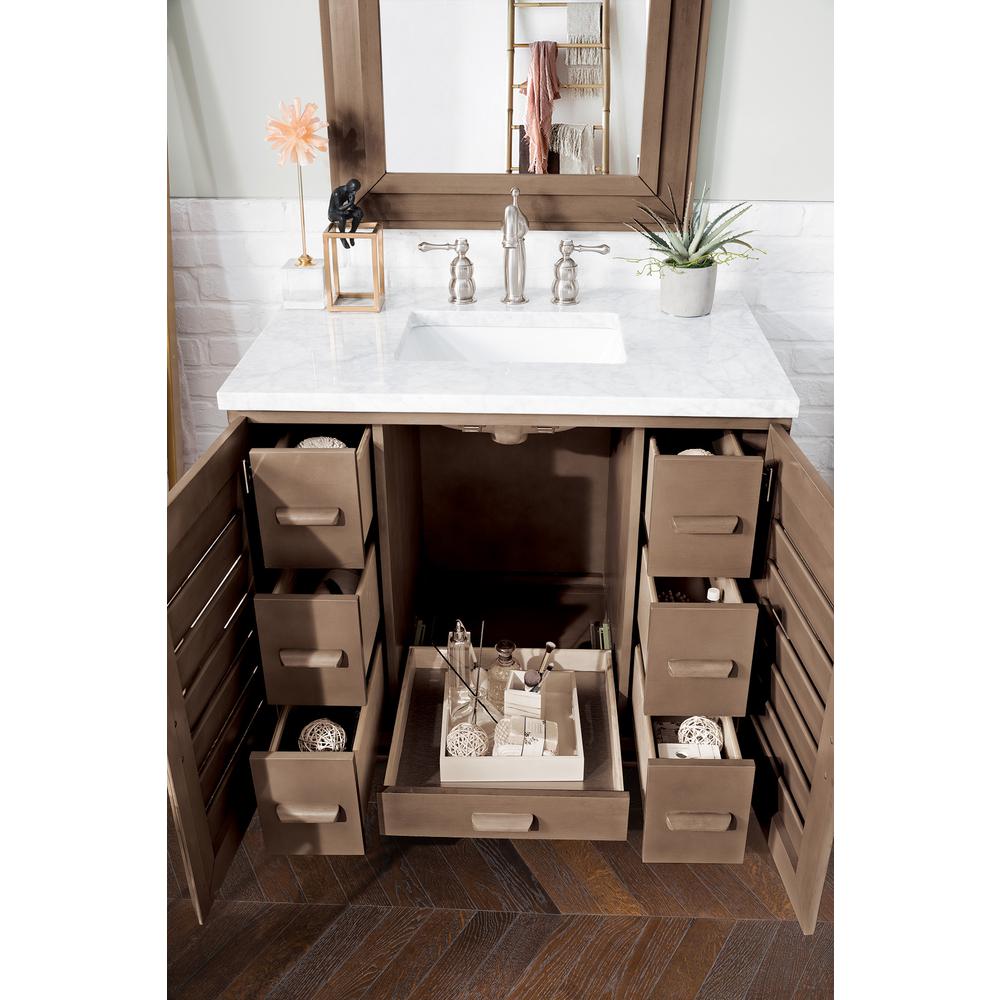 Portland 36" Single Vanity Whitewashed Walnut w/ 3 CM Carrara Marble Top. Picture 4