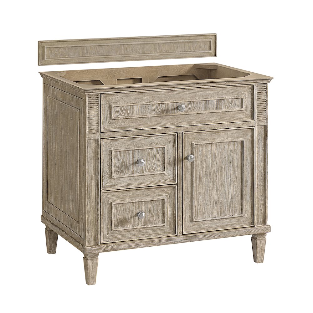 36" Single Vanity, Whitewashed Oak w/ 3 CM Victorian Silver Quartz Top. Picture 2