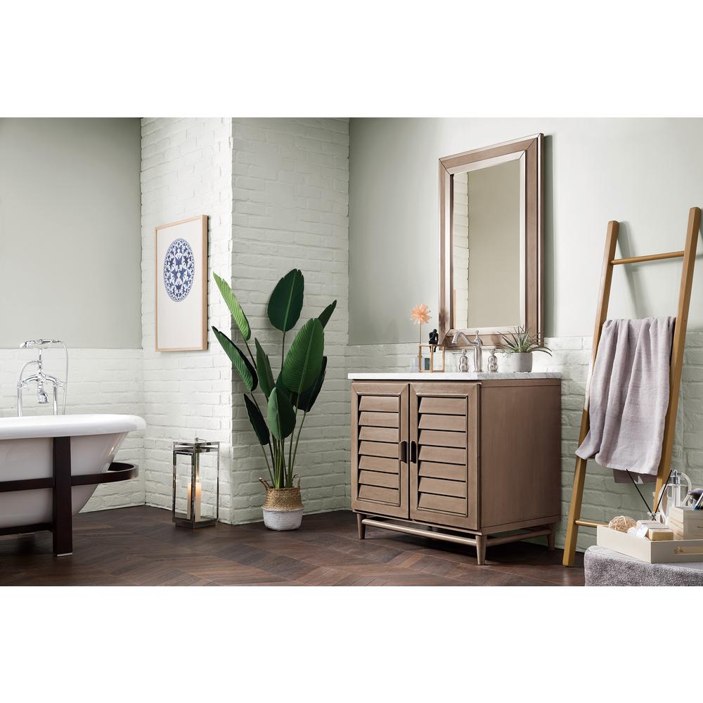 Portland 36" Single Vanity Whitewashed Walnut w/ 3 CM Carrara Marble Top. Picture 3