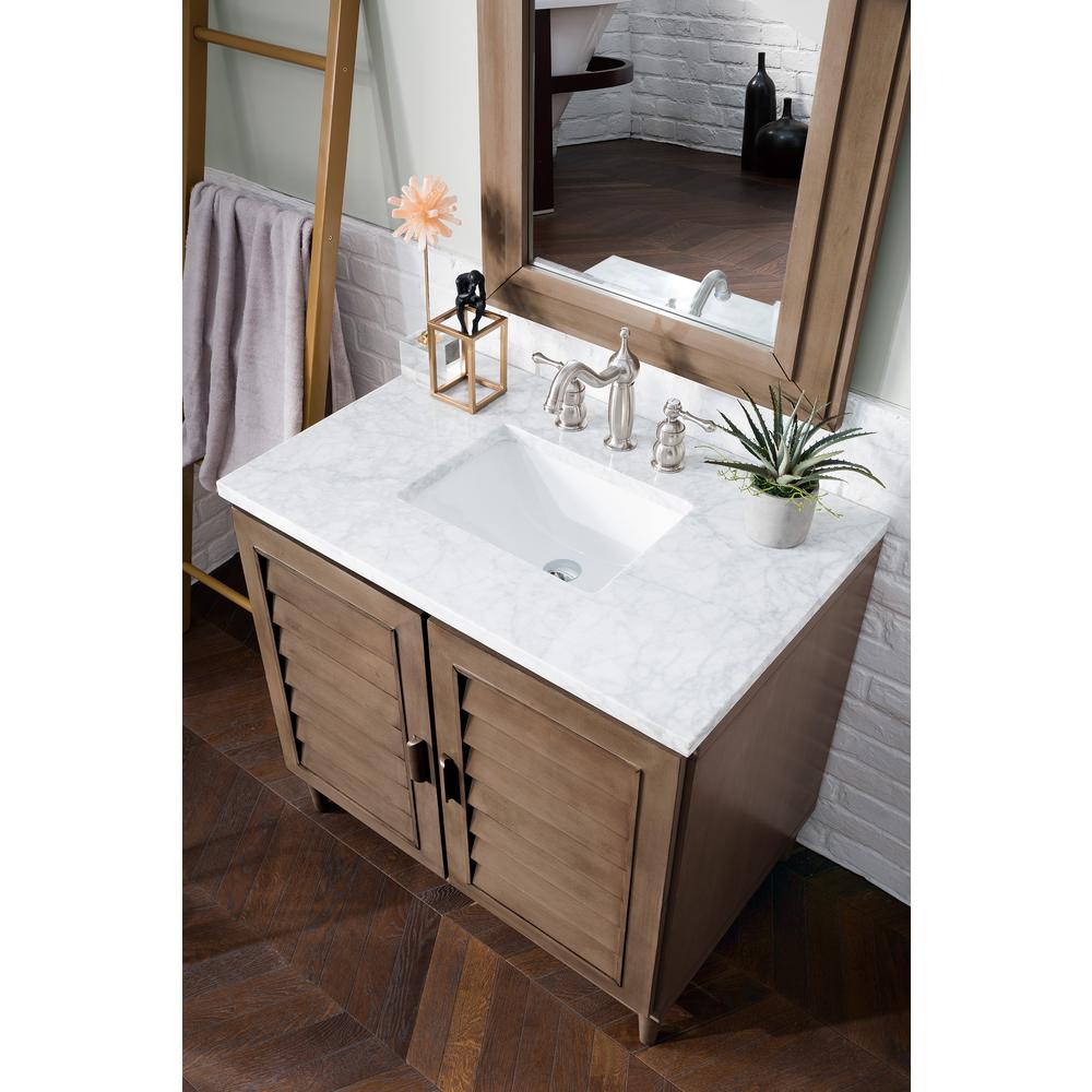 Portland 36" Single Vanity Whitewashed Walnut w/ 3 CM Carrara Marble Top. Picture 5