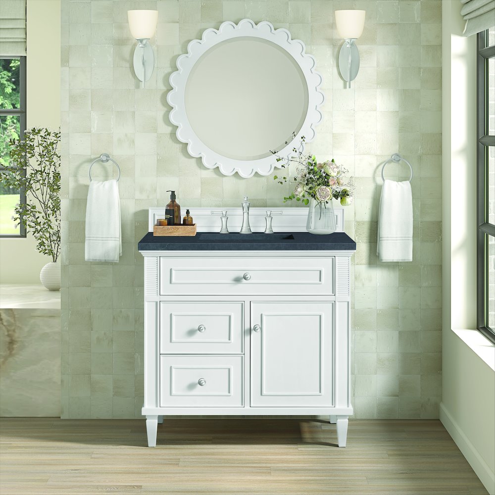 36" Single Vanity, Bright White w/ 3 CM Charcoal Soapstone Quartz Top. Picture 3
