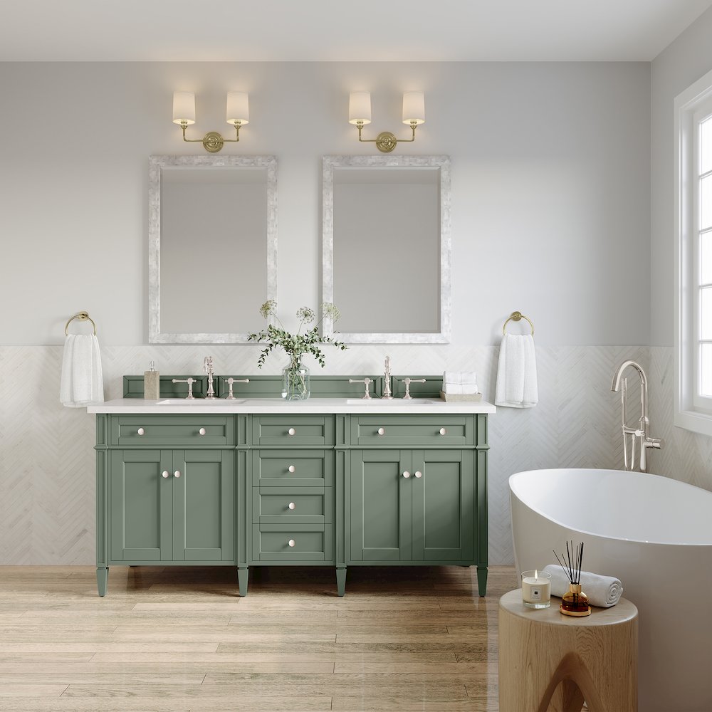 72" Double Vanity, Smokey Celadon w/ 3 CM White Zeus Top. Picture 3