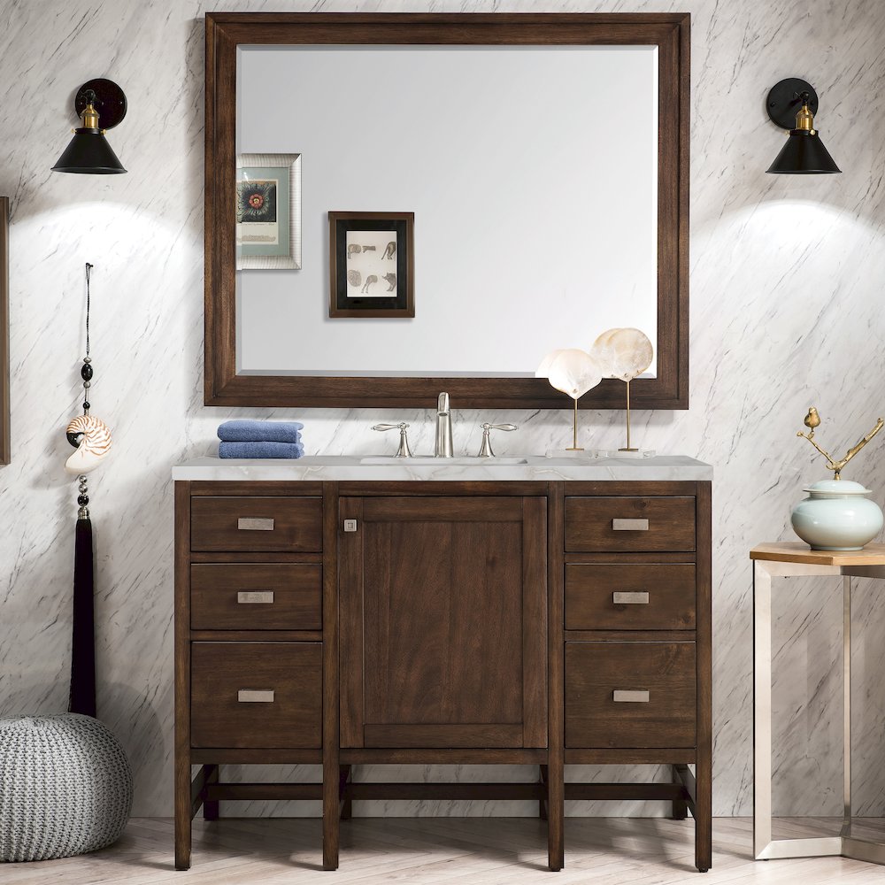 48" Single Vanity, Mid-Century Acacia w/ 3 CM Victorian Silver Quartz Top. Picture 2