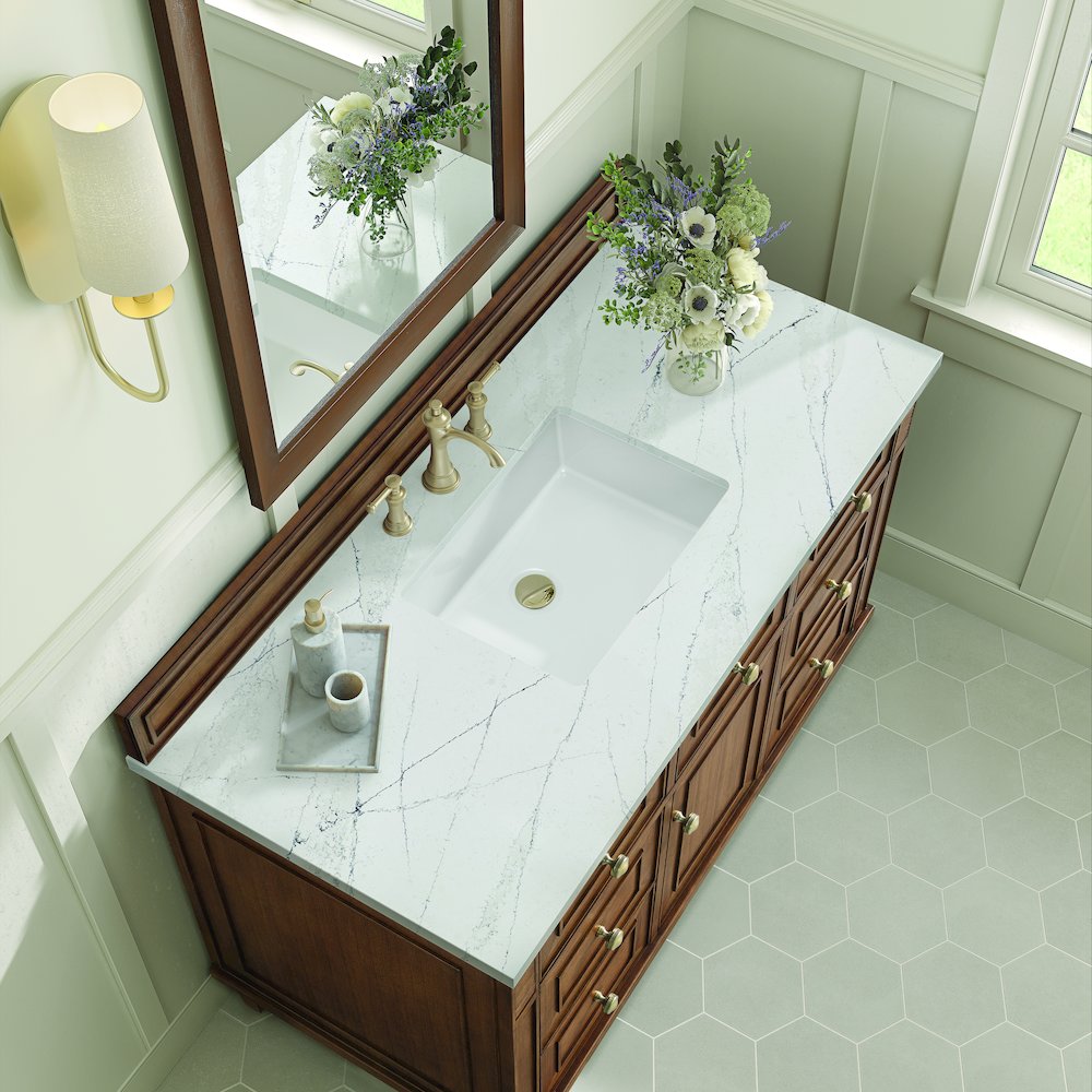 48" Single Vanity, Mid-Century Walnut w/ 3 CM Ethereal Noctis Quartz Top. Picture 8