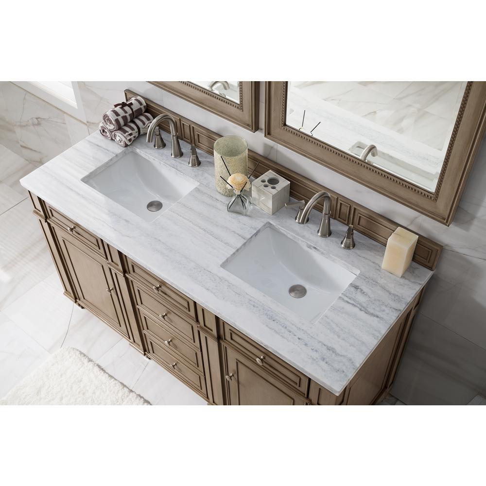 60" Double Vanity, Whitewashed Walnut, w/ 3 CM Arctic Fall Solid Surface Top. Picture 3